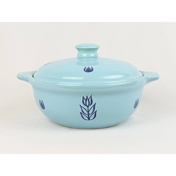 Set of 2 Blue Tulip Pottery Bowls | MCM Blue Crock Pot Individual Casserole Soup - Picture 1 of 9